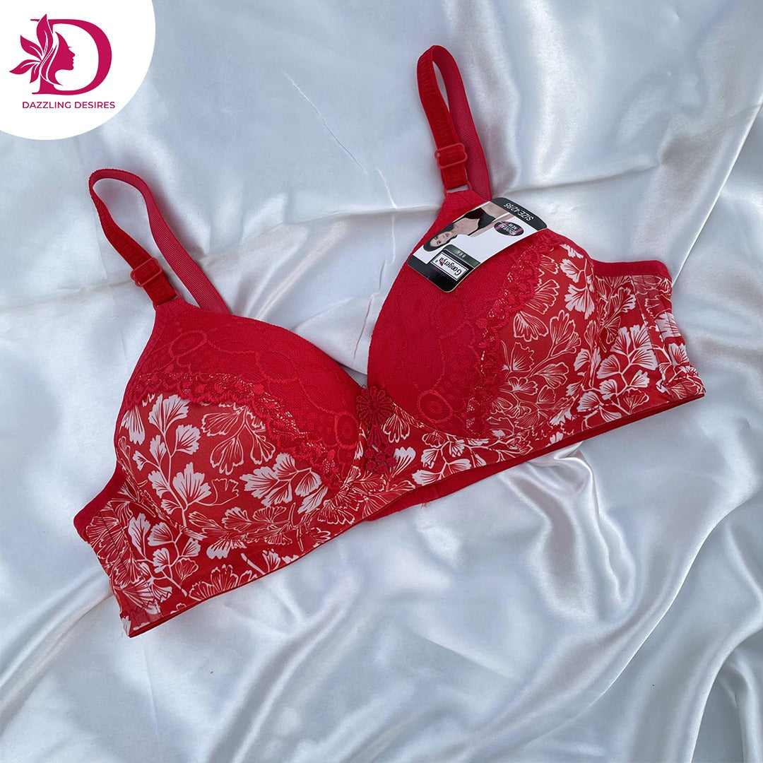 Floral Lace Bra with Light Padding & Full Coverage Support
