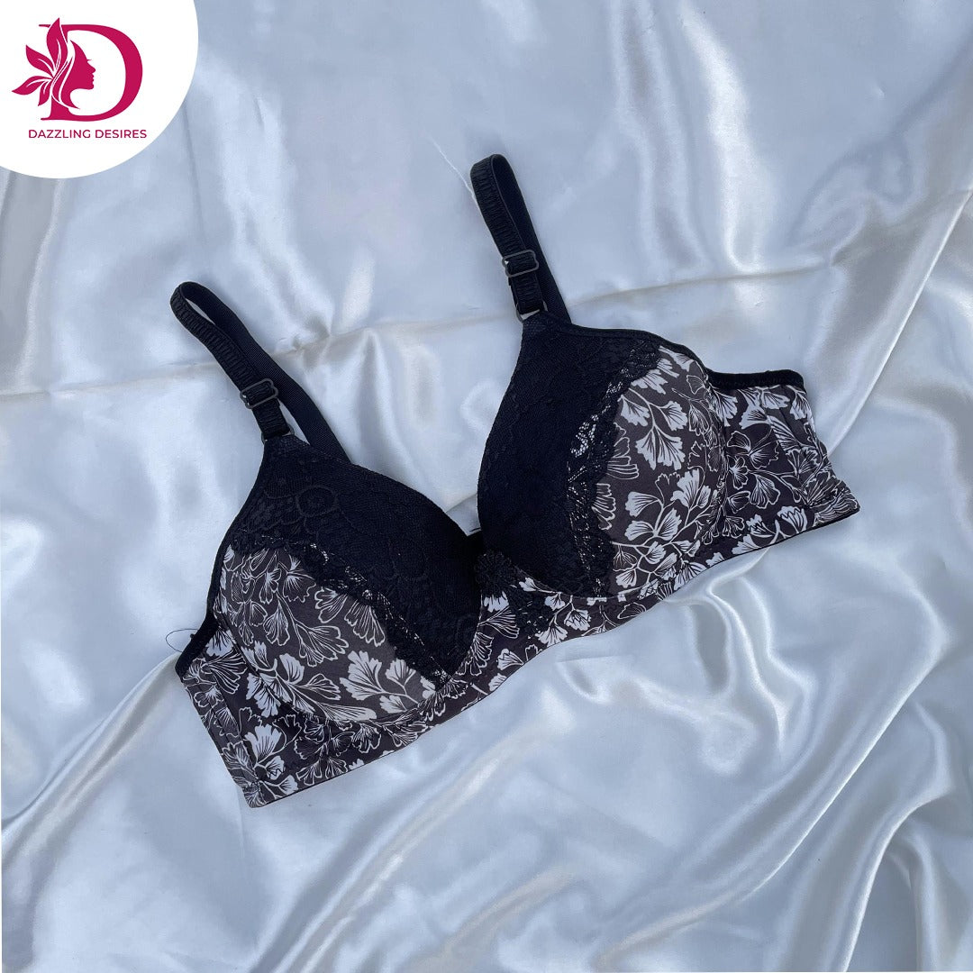 Floral Lace Bra with Light Padding & Full Coverage Support