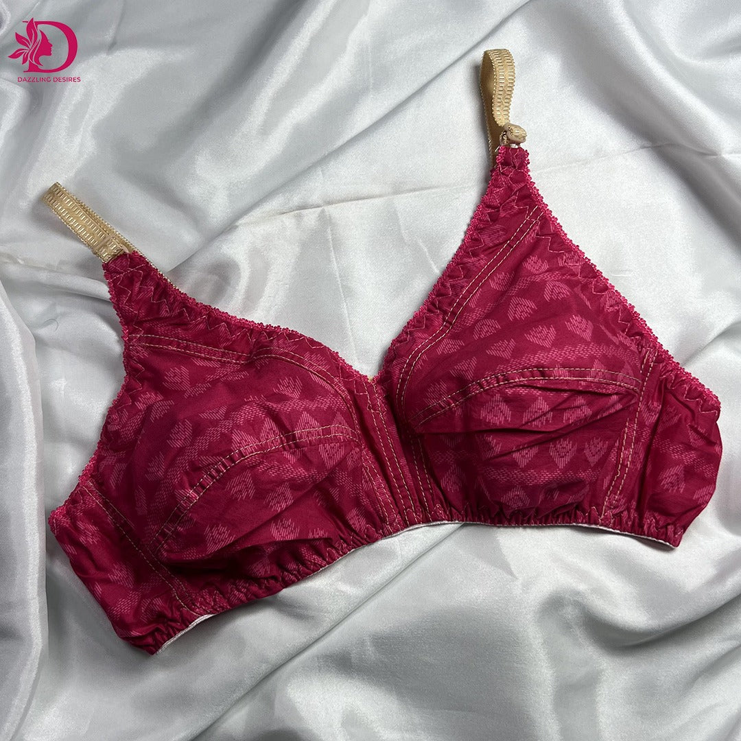 Maroon Non-Padded Cotton Bra – Full Coverage with Leaf Motif & Golden Straps