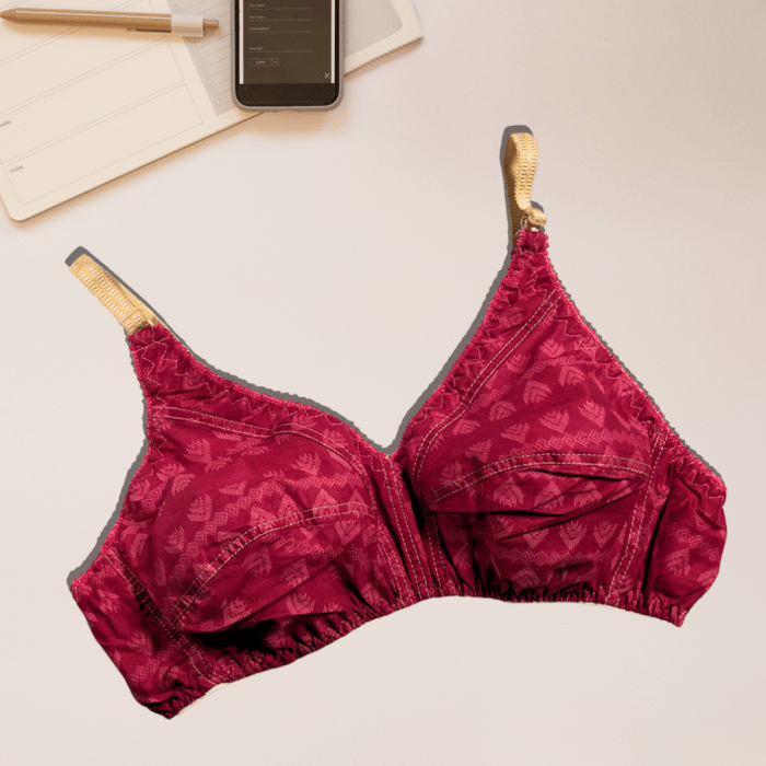 Maroon Non-Padded Cotton Bra – Full Coverage with Leaf Motif & Golden Straps